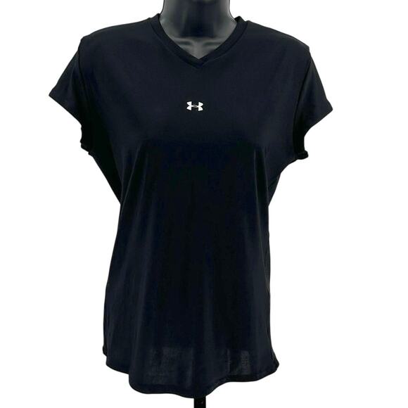 Under Armour Shirt WMNS XL Athletic V-Neck Pullover Black Short Sleeve Stretchy - Picture 1 of 5